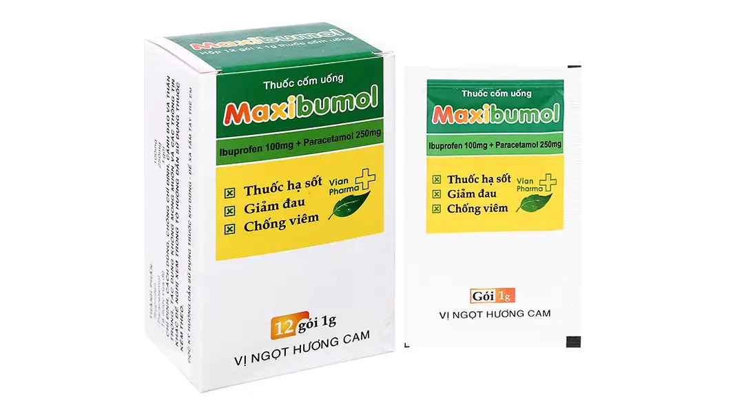 Thuốc cốm uống giảm đau, hạ sốt Maxibumol 100mg/250mg (vị ngọt hương cam) hộp 12 gói x 1g
